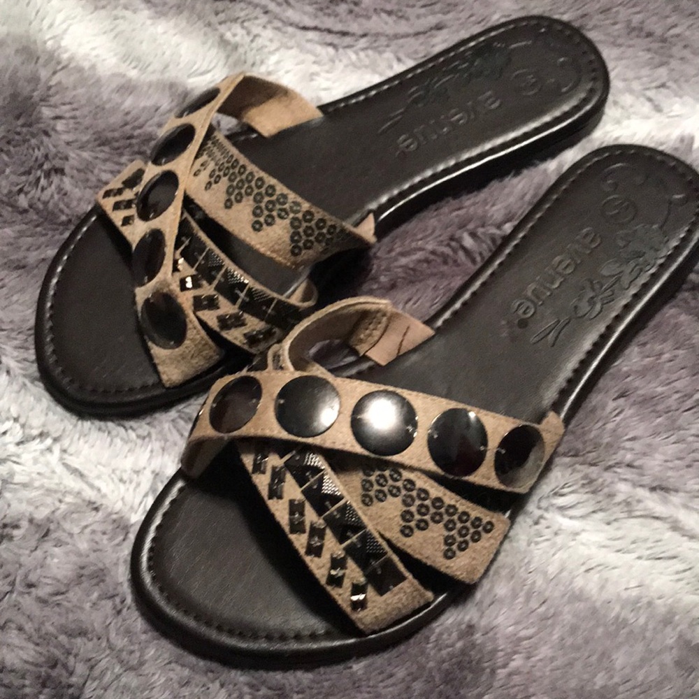 Avenue Tan Studded Slide Sandals